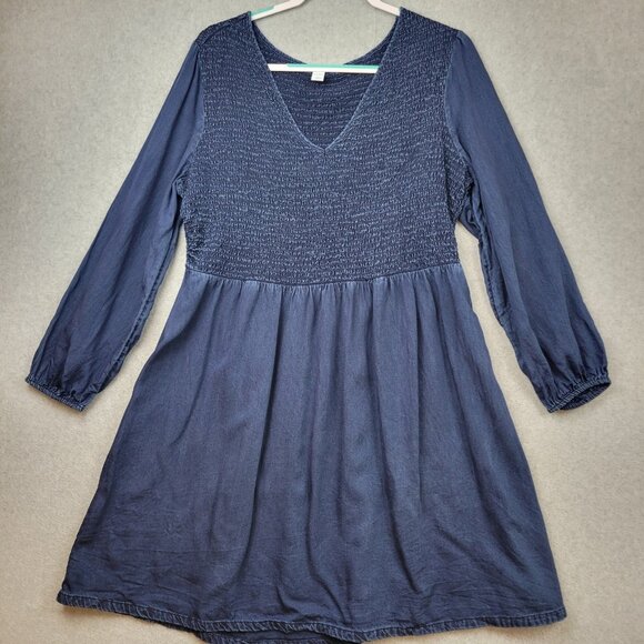 Old Navy Dress Womens Size XL‎ Blue Long Sleeve Smocked Bodice Chambray - Picture 1 of 10